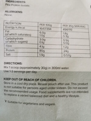 VEGAN PEA PROTEIN ISOLAT - Nutrition facts - fr