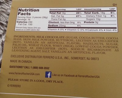 Ferrero Rocher Fine Hazelnut Chocolates 21.2 Oz. Pack - Ingredients