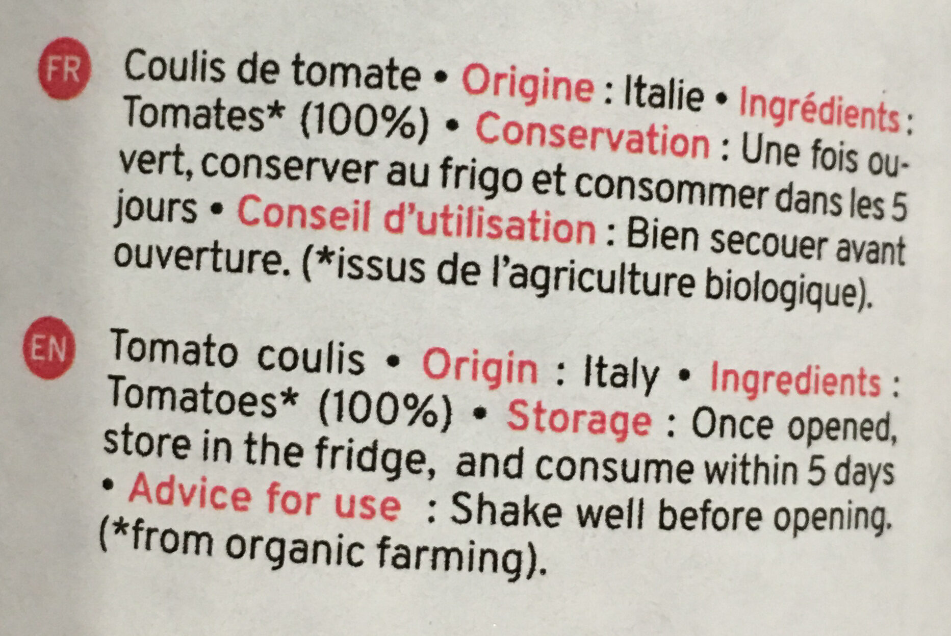 Passata de tomates bio - Ingrediënten - fr