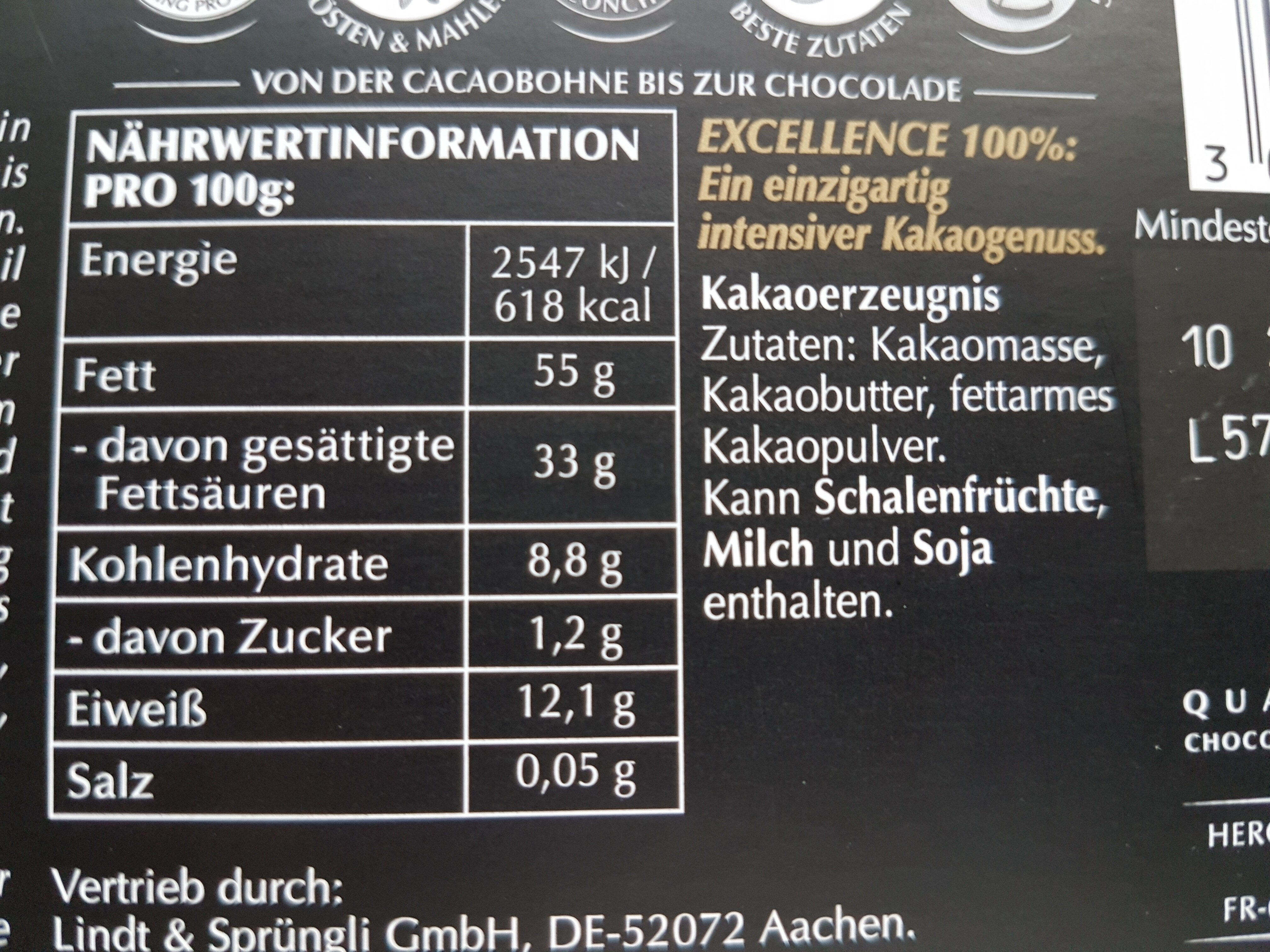 Lindt Excellence 100% Cacao - Ingredienti - de