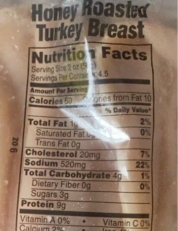 Deli thin sliced honey roasted turkey breast lunch meat - Nutrition facts