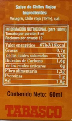 Tabasco Rojo - Nutrition facts - es
