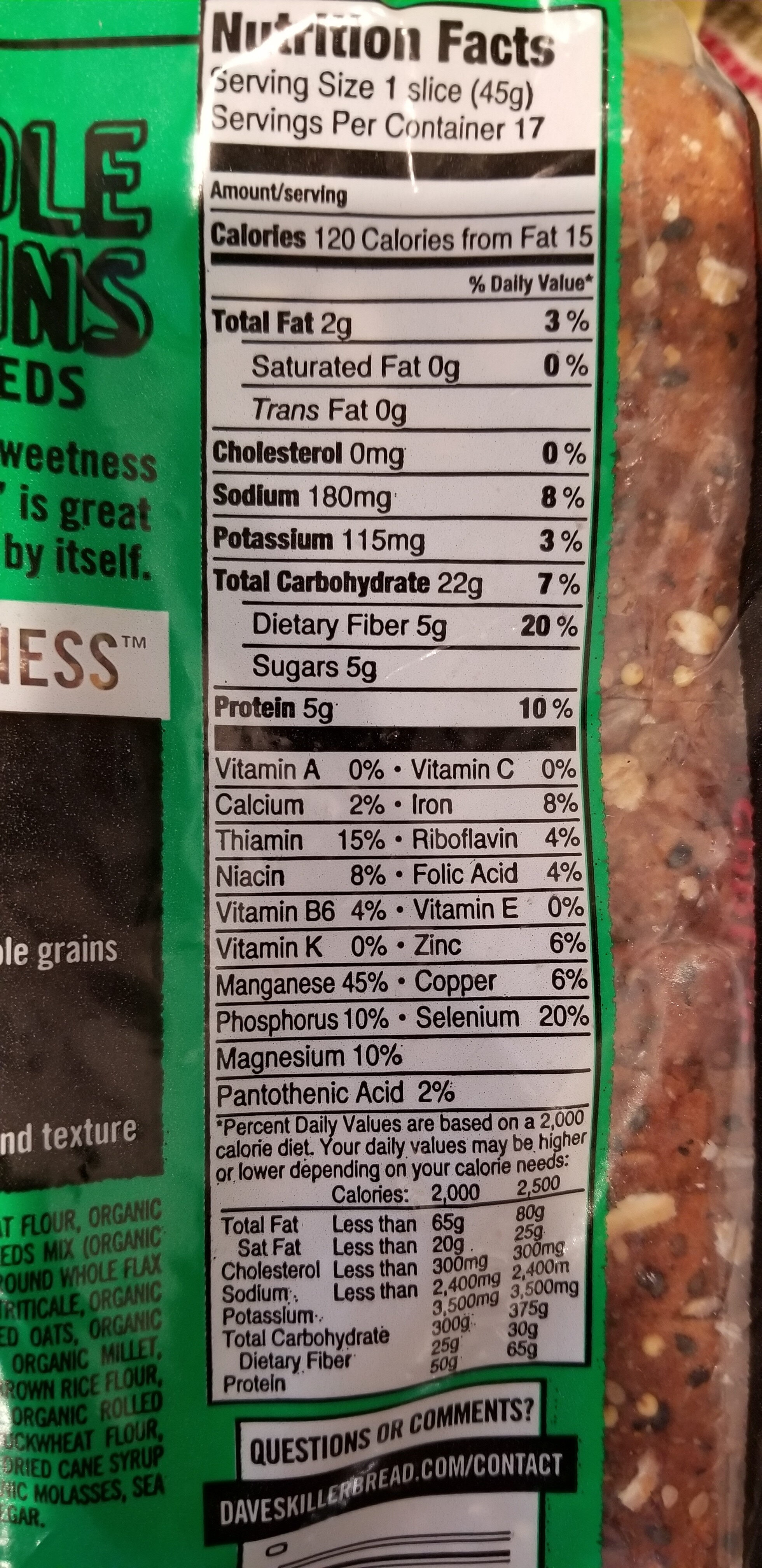 Dave's killer bread, organic whole grain and seeds bread - Nutrition facts