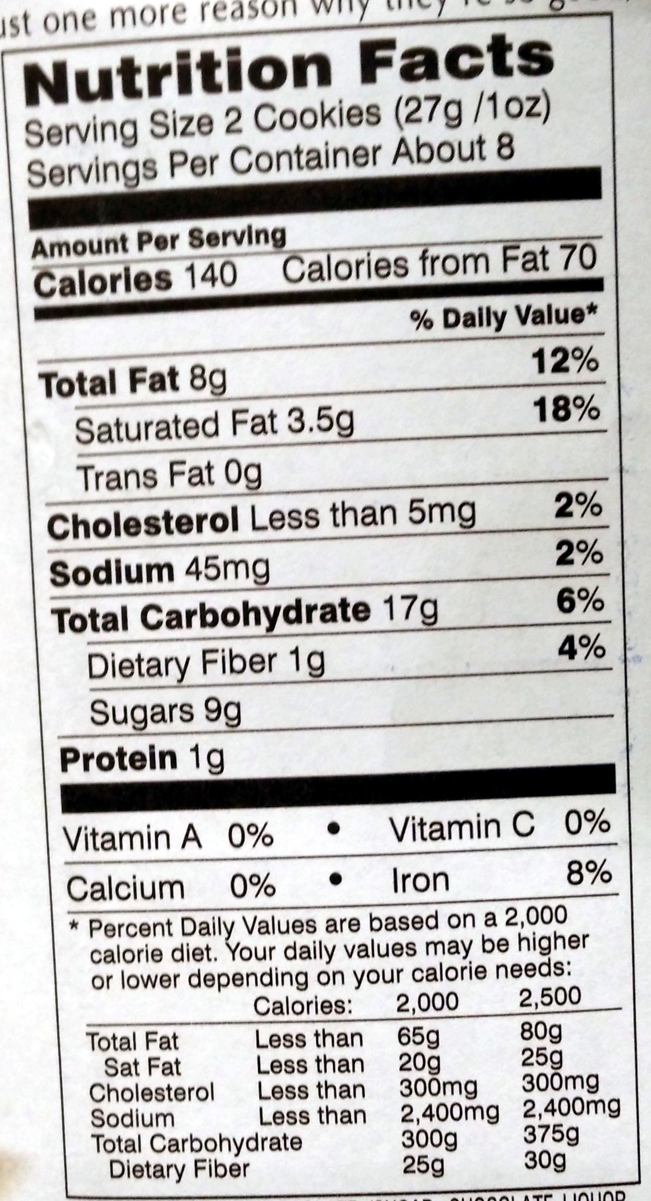 Pepperidge farm cookies choc - Nutrition facts