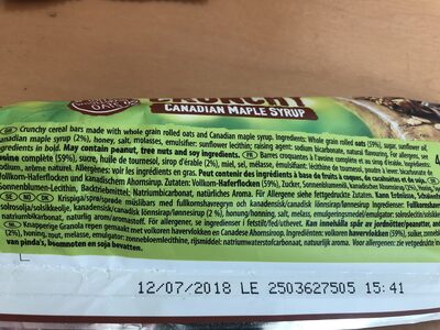 Crunchy Canadian Maple Syrup Cereal Bar - Zutaten - en