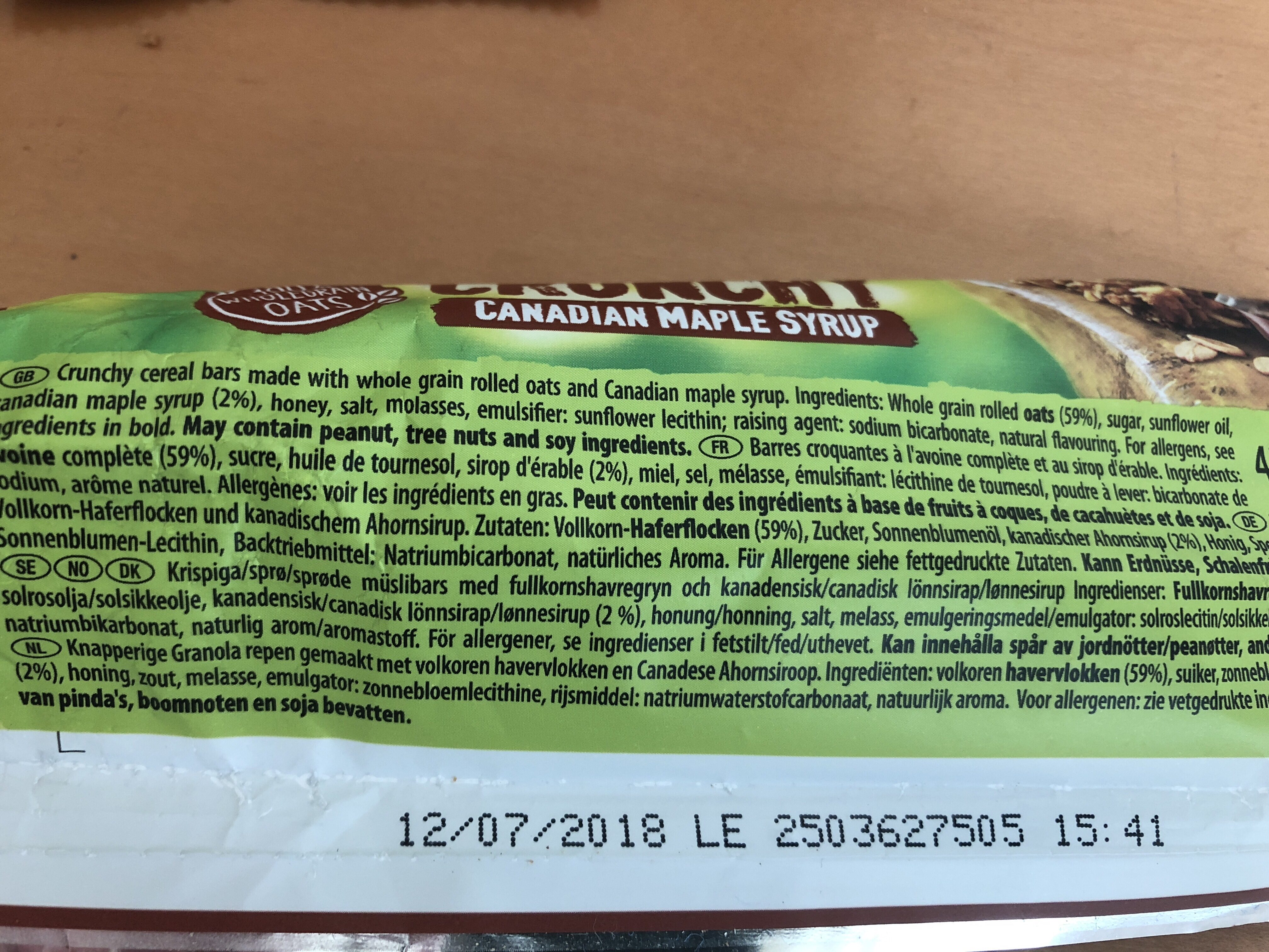 Crunchy Canadian Maple Syrup Cereal Bar - Ingredients