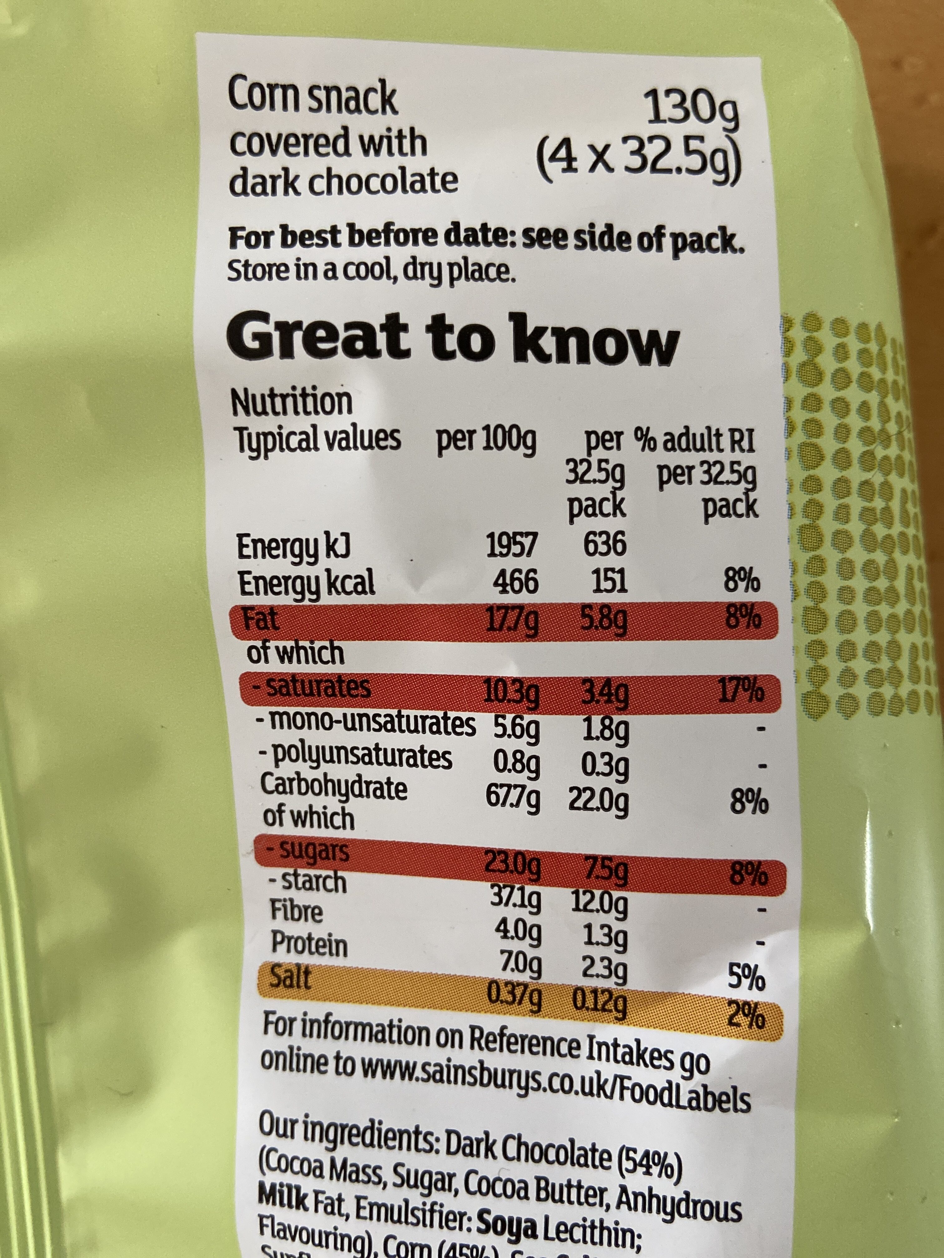 Dark Chocolate Corn Thins 4 x (130g) - Informació nutricional - en