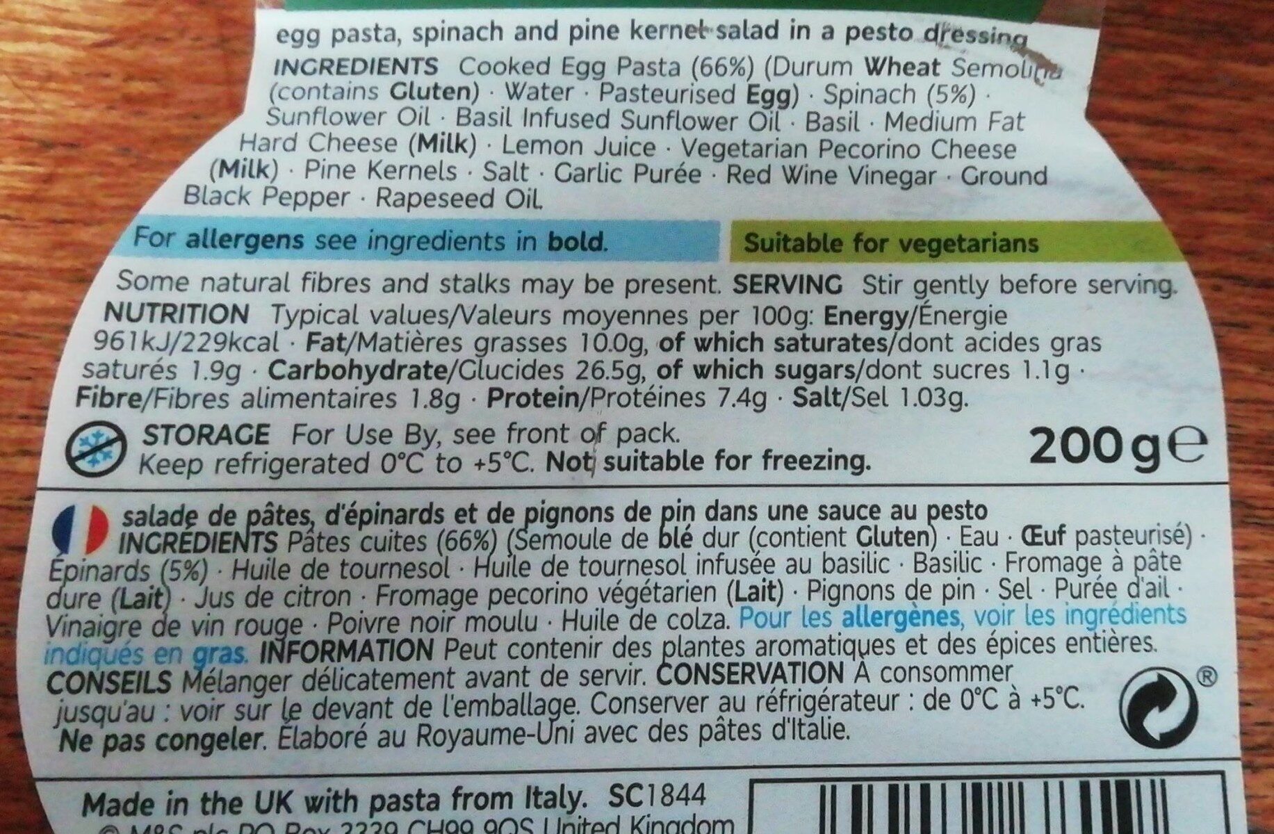Pasta, Spinach & Pine Kernels - Nutrition facts