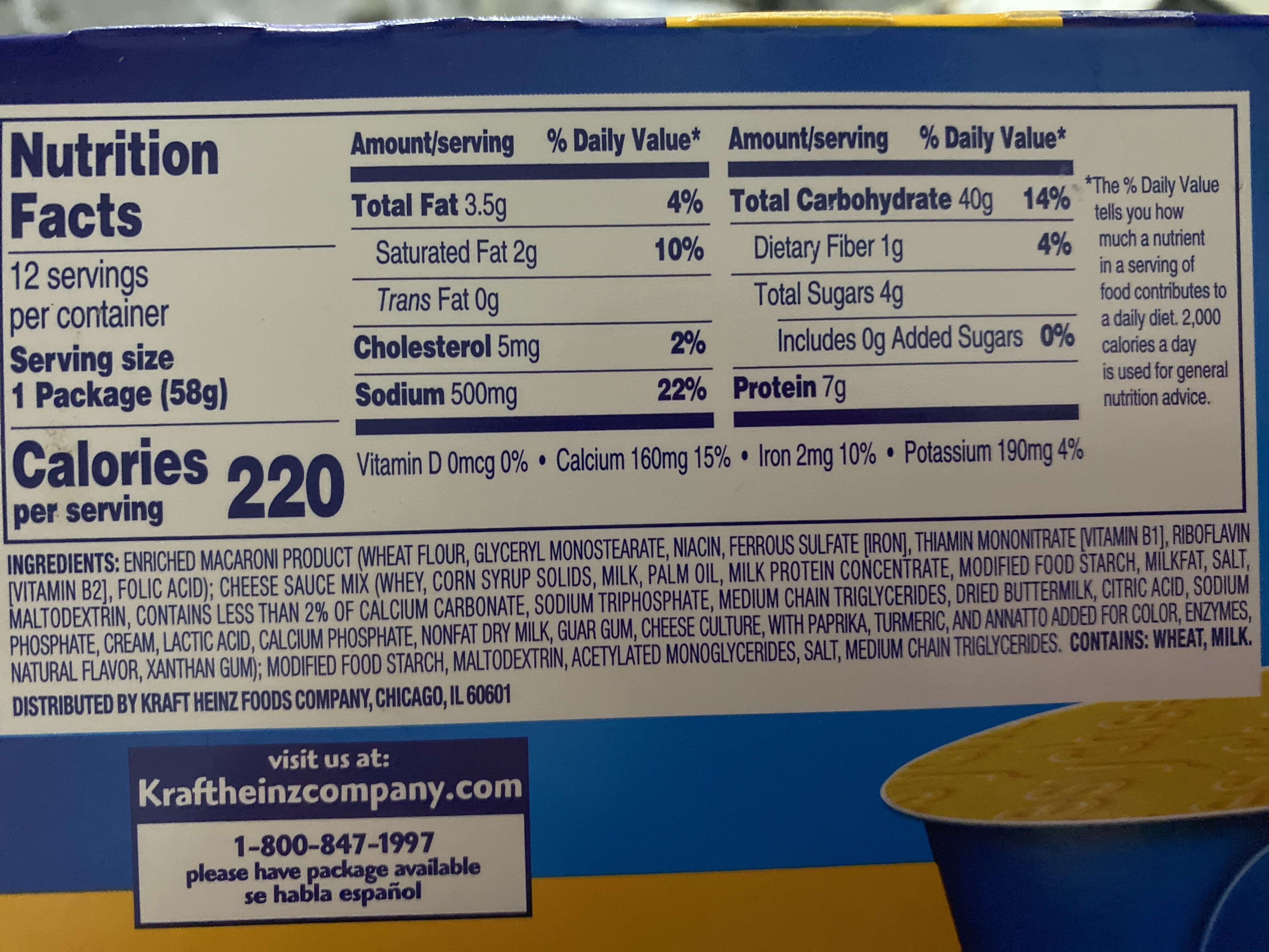 Macaroni & cheese - Información nutricional