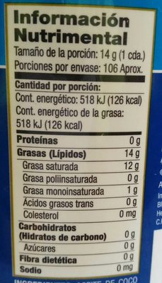 Aceite de Coco Orgánico - Nutrition facts - es