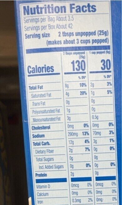 Homestyle popcorn - Nutrition facts