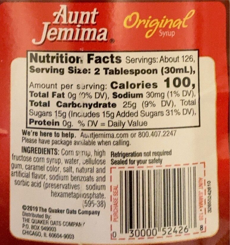 Original syrup fluid ounce plastic jug - Nutrition facts