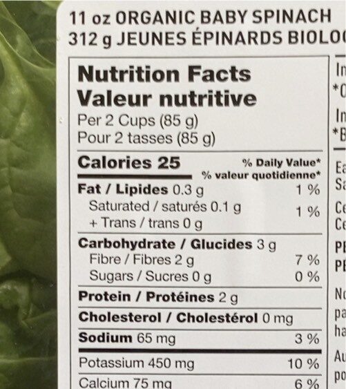 Organic Baby Spinach - Nutrition facts