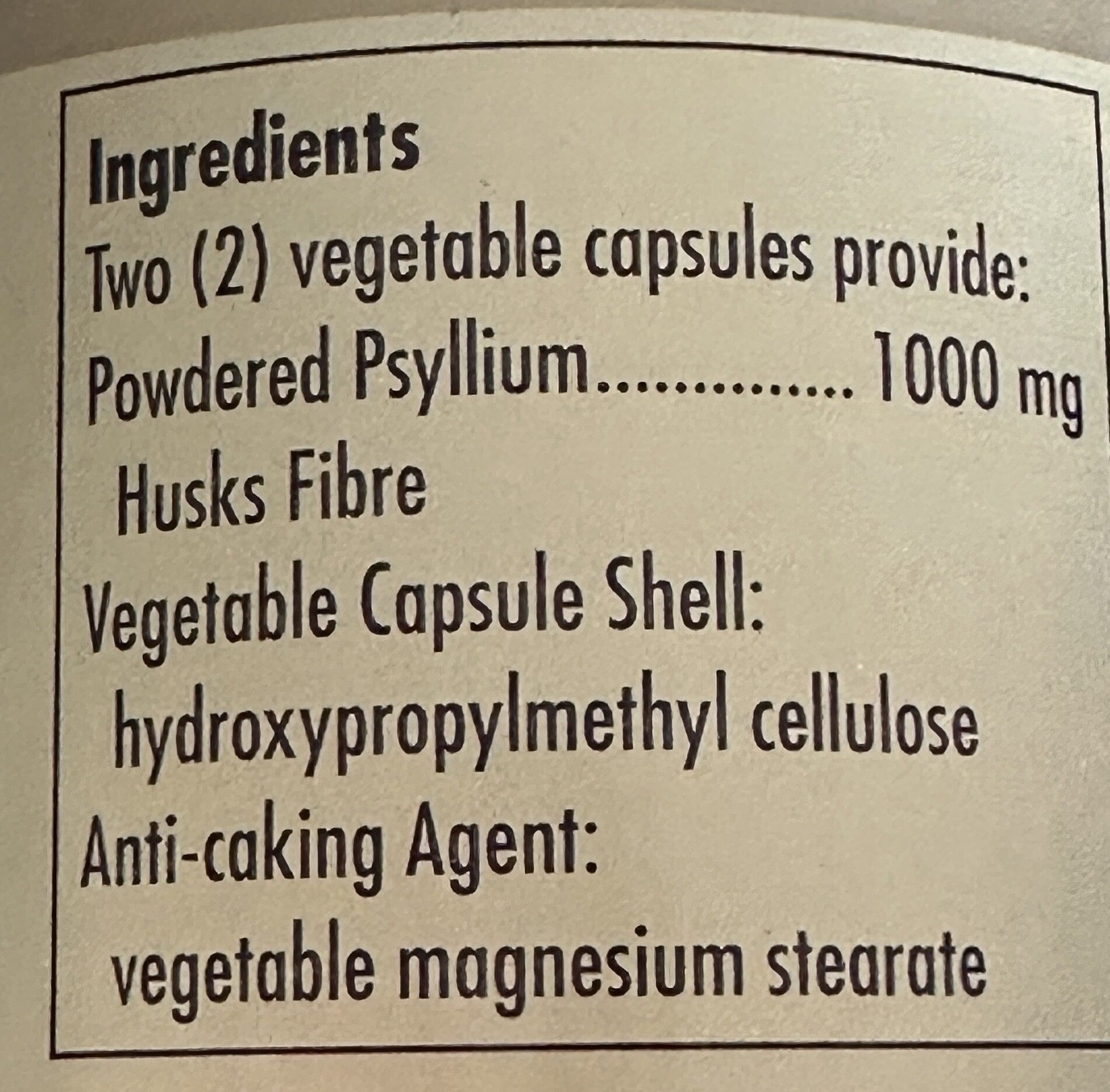 Psyllium Husk Fibre Capsules - Ingredients