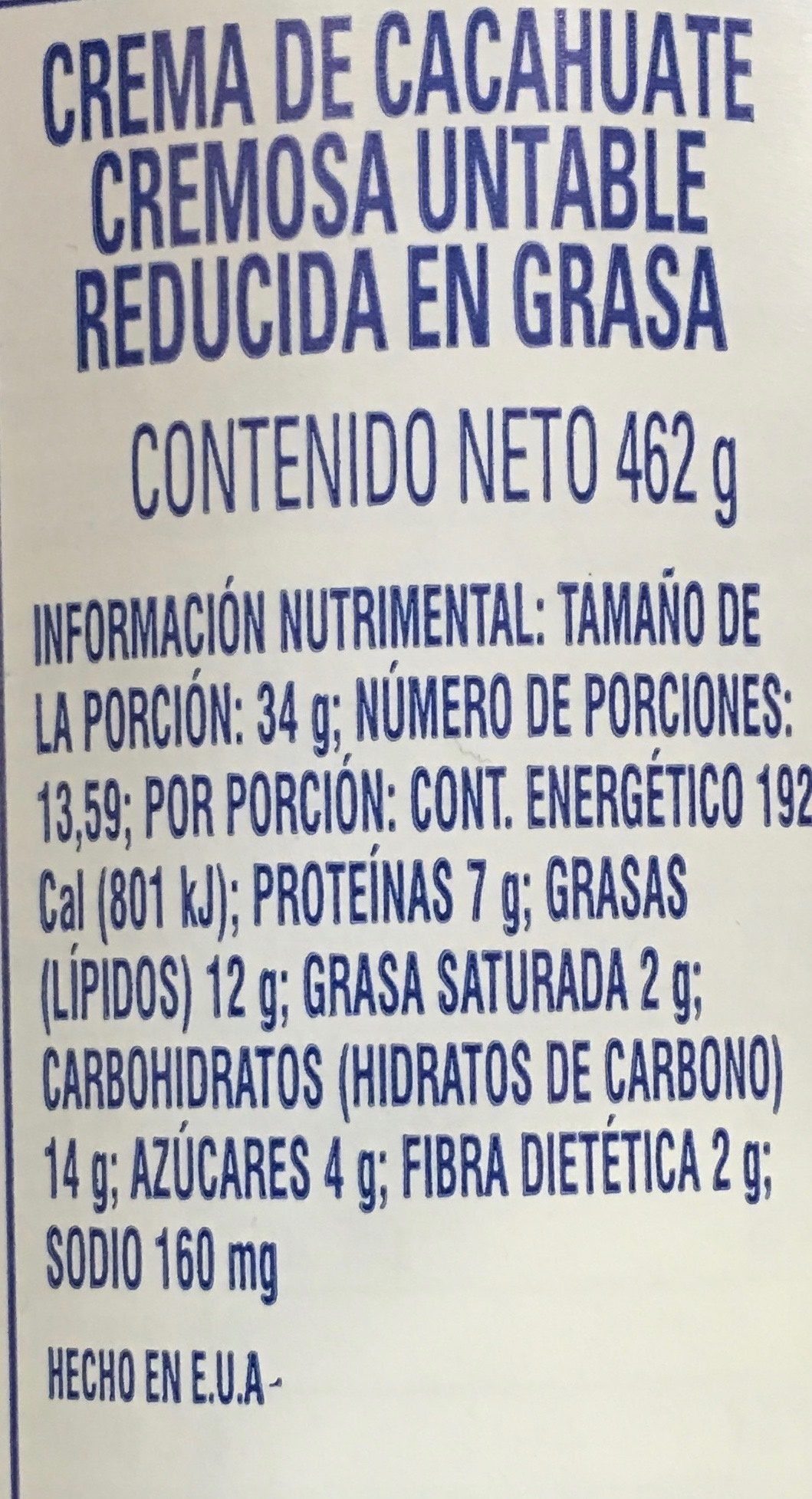 Reduced fat creamy peanut butter spread - Información nutricional