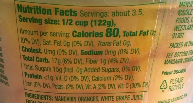 Mandarin oranges in fruit juice - Nutrition facts