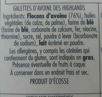 Highland oatcakes - Ingredients - fr