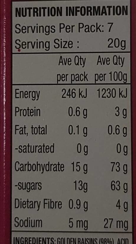 Sour Raisin Snacks - Mixed Berry - Nutrition facts