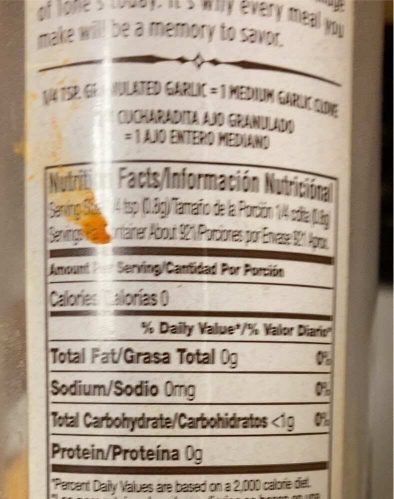 Tones granulated garlic shaker misc - Información nutricional - en