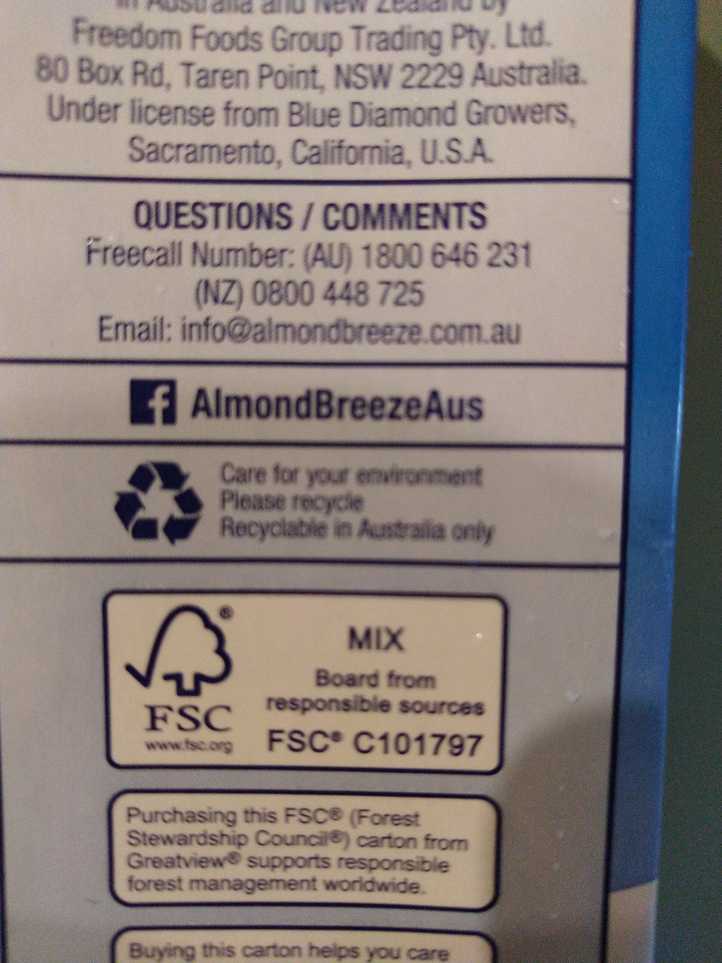 Blue Diamond Almond Breeze Unsweetened - Istruzioni per il riciclaggio e/o informazioni sull'imballaggio - en