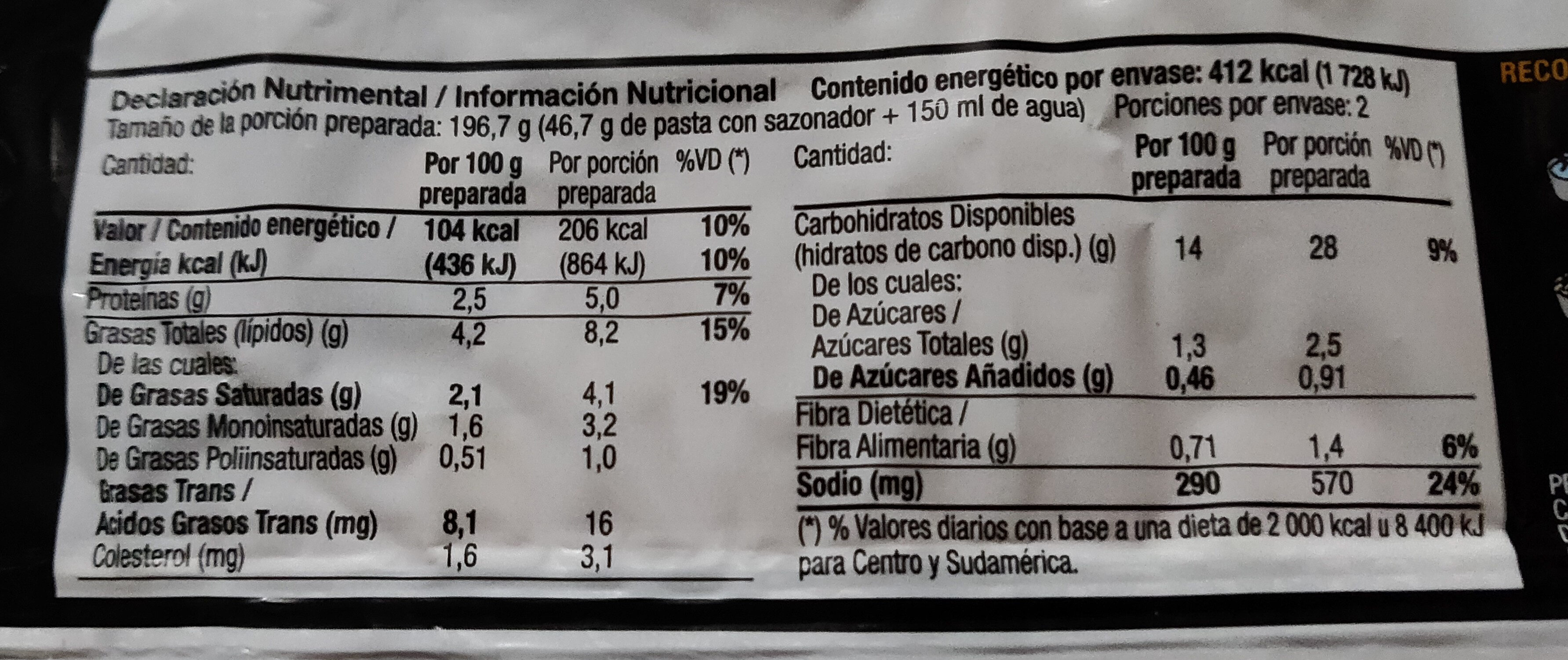 Pasta sabor a Quesos - Informació nutricional - es