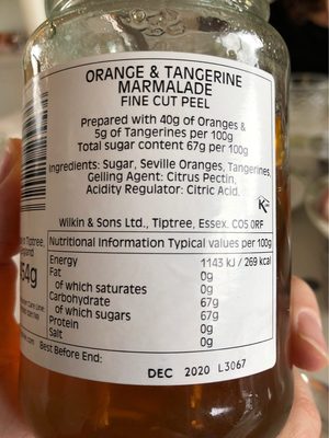 Sons Ltd Tiptree Orange & Tangerine Marmalade Fine Cut Peel - Tableau nutritionnel