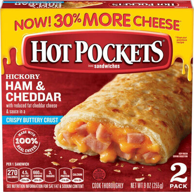 Nestle Usa Inc., HICKORY HAM & CHEDDAR WITH REDUCED FAT CHEDDAR CHEESE & SAUCE IN A CRISPY BUTTERY CRUST SANDWICHES, HICKORY HAM & CHEDDAR, barcode: 0043695071122, has 5 potentially harmful, 16 questionable, and
    3 added sugar ingredients.