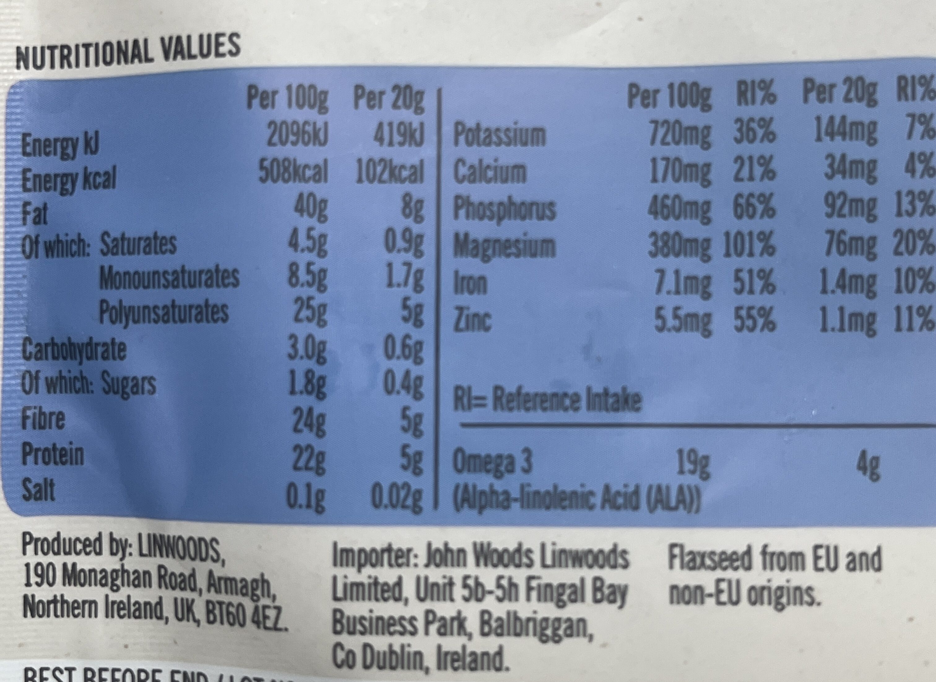 Cold milled flaxseed - Nutrition facts