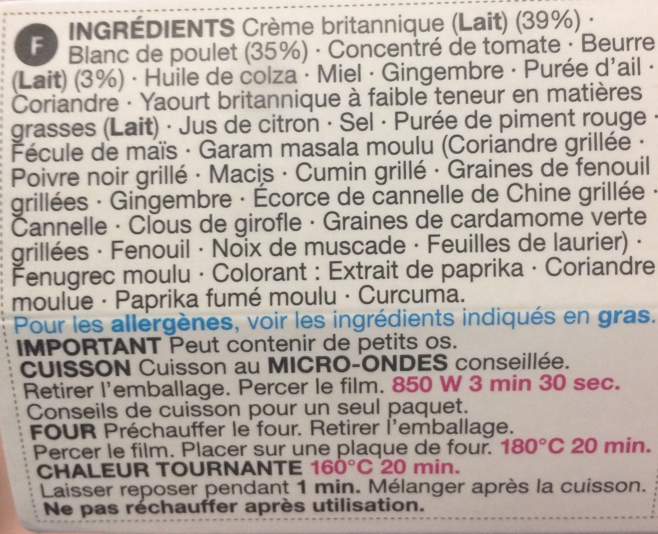 Butter chicken - Ingredienser - fr