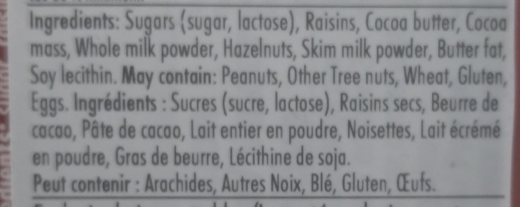 Milk Chocolate with Raisins & Hazelnuts - Ingrédients - en