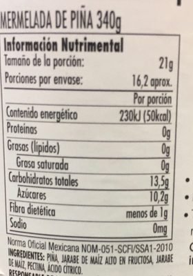 MERMELADA DE PIÑA - Información nutricional