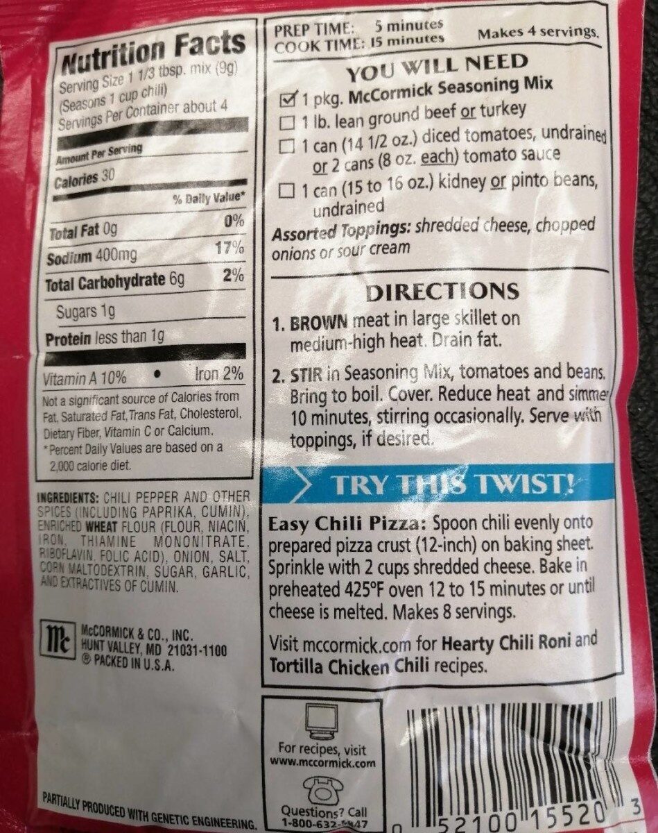 Mild chili seasoning mix - Nutrition facts