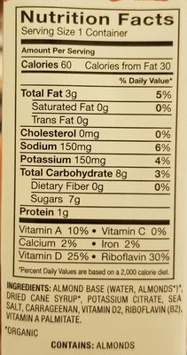Organic almond non dairy beverage - Giá trị dinh dưỡng - en