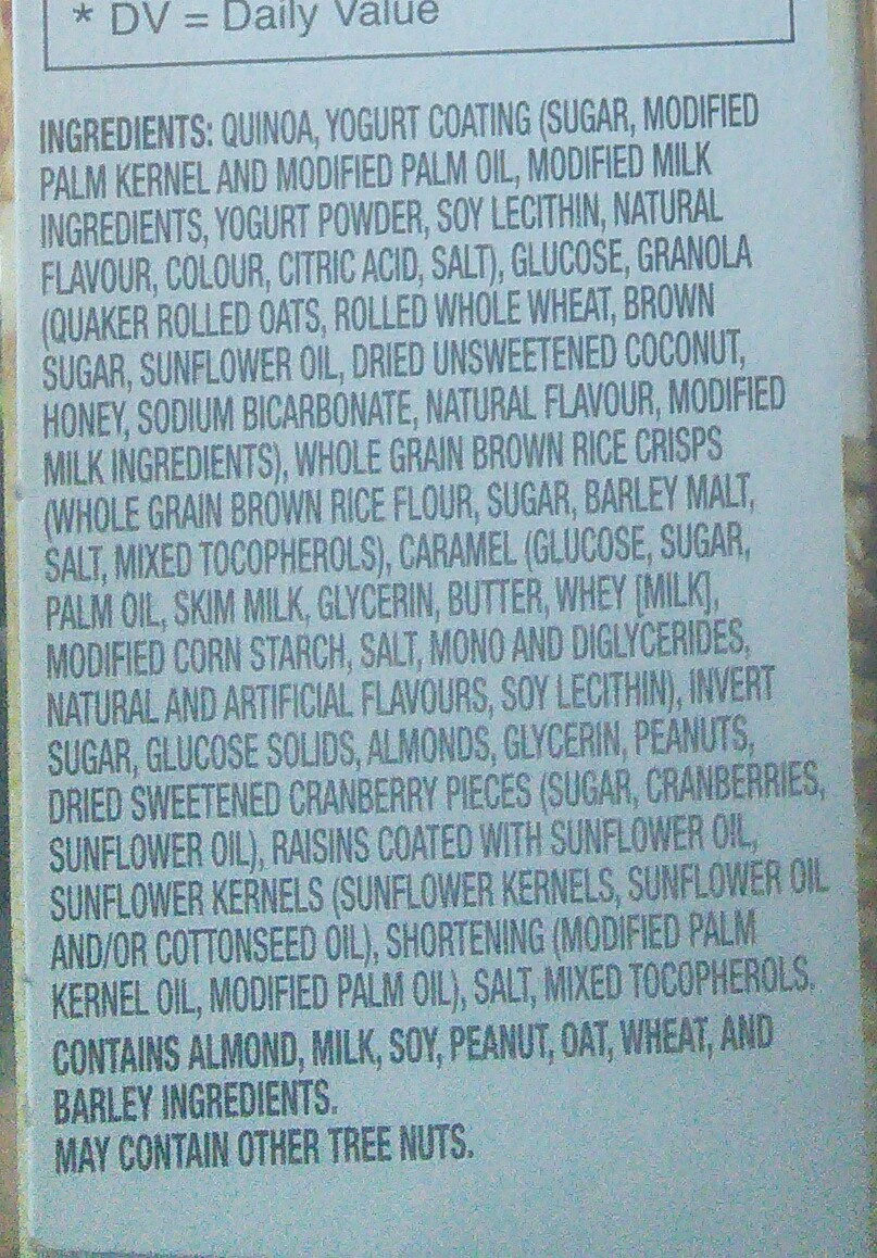 Barre Granola Quinoa Yogourt Noix - Ingredients