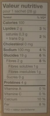 Regular Instant Oatmeal - Tableau nutritionnel