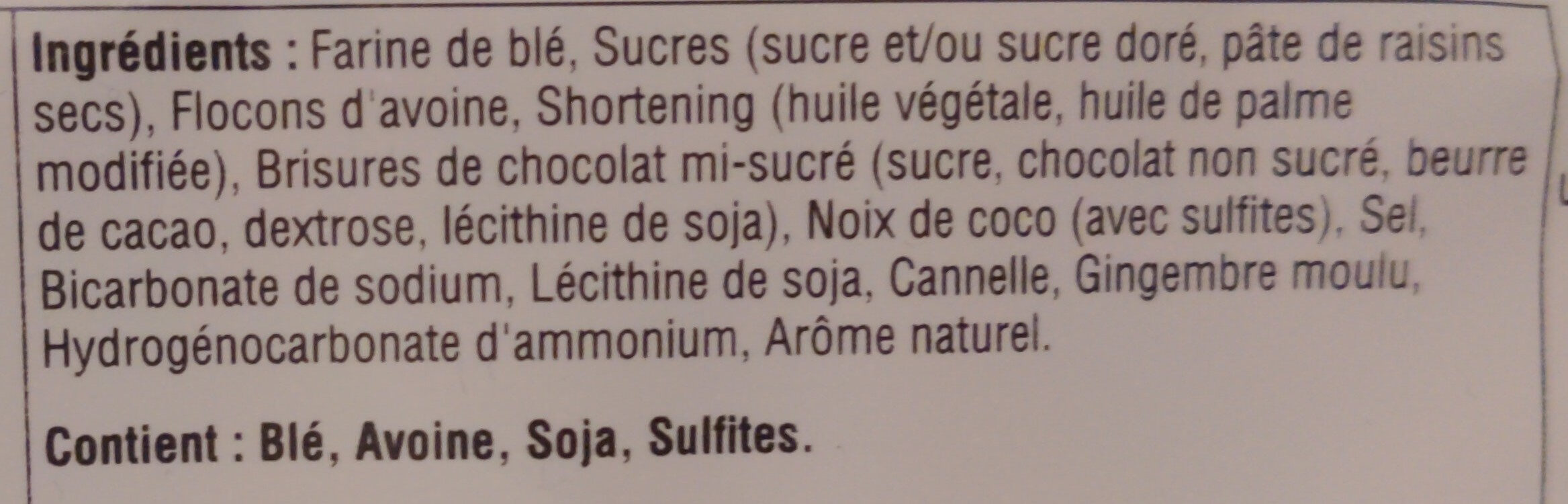 Farine d'avoine et brisure de chocolat - Ingrédients - en