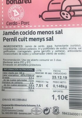 Jamon cocido menos sal - Informació nutricional - es