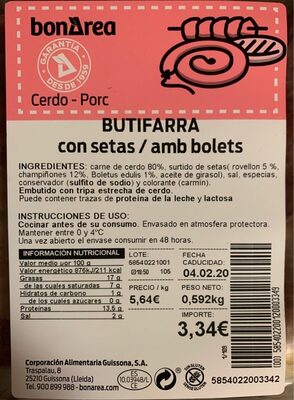 Butifarra con setas - Informació nutricional - es