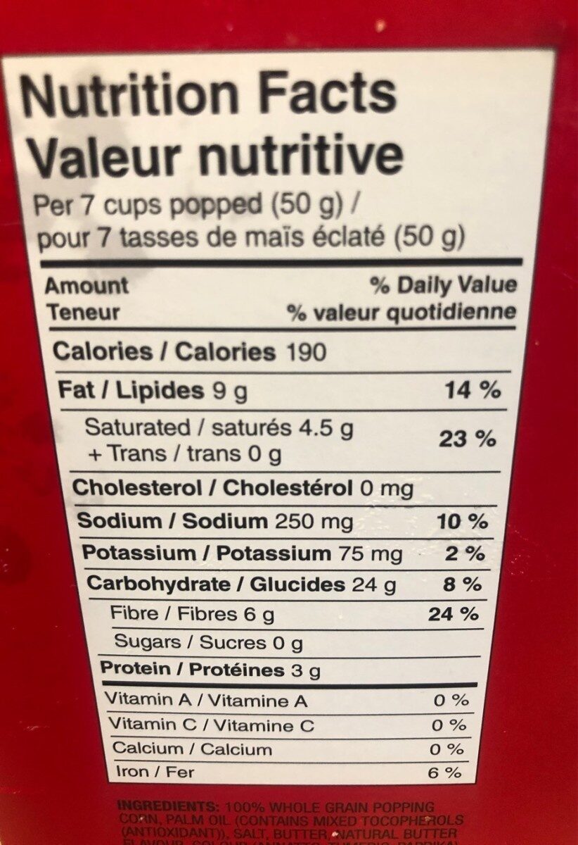 Popcorn extra beurre - Nutrition facts