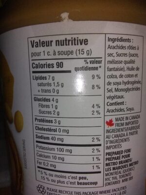 Beurre d'arachide extra crémeux - Tableau nutritionnel