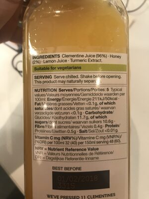 Clementine, honey & lemon juice drink - Ingredients