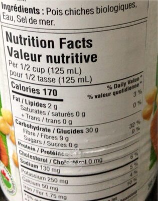 Organic Chick Peas - Tableau nutritionnel
