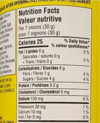 Sweet pickled onions - Nutrition facts - fr