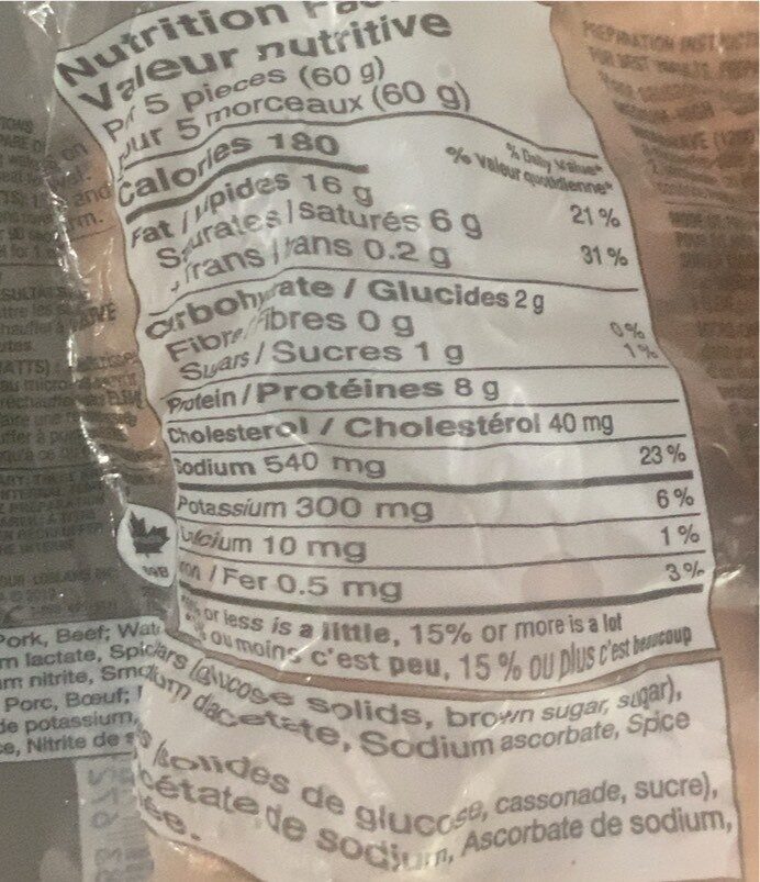 Cocktail Smokies - Nutrition facts