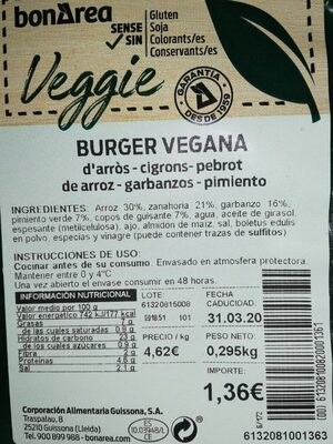 Veggie - Información nutricional
