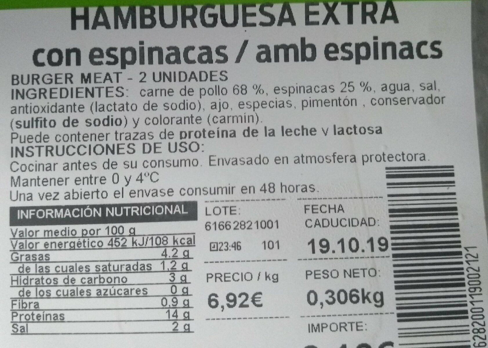 Hamburguesa con espinacas - Nutrition facts - es