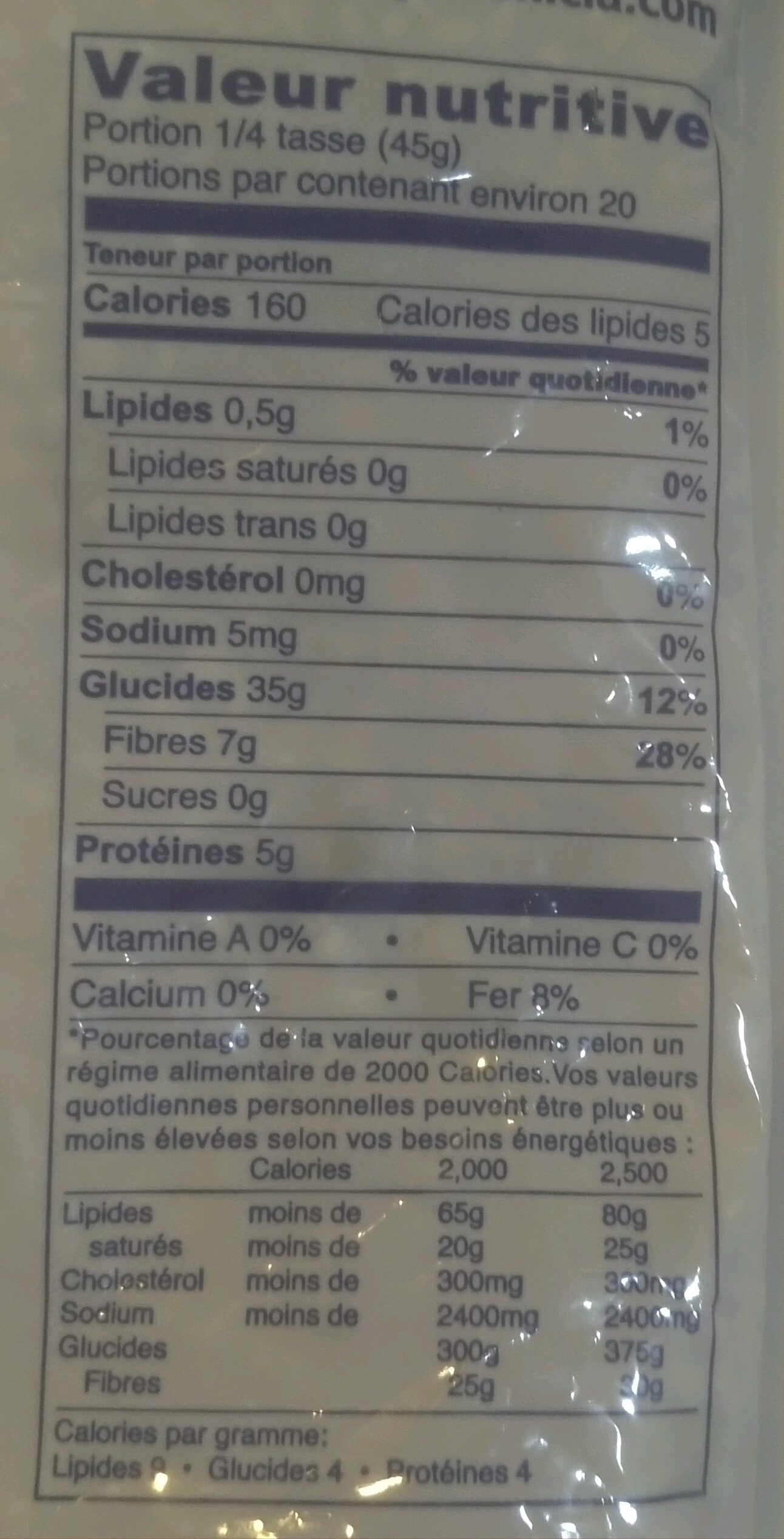 Orge perlé - Tableau nutritionnel