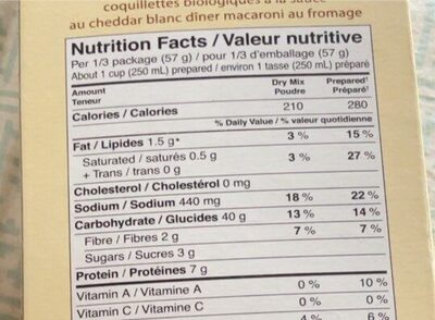 Organic shells & white chedder macaroni and cheese - Nutrition facts - fr