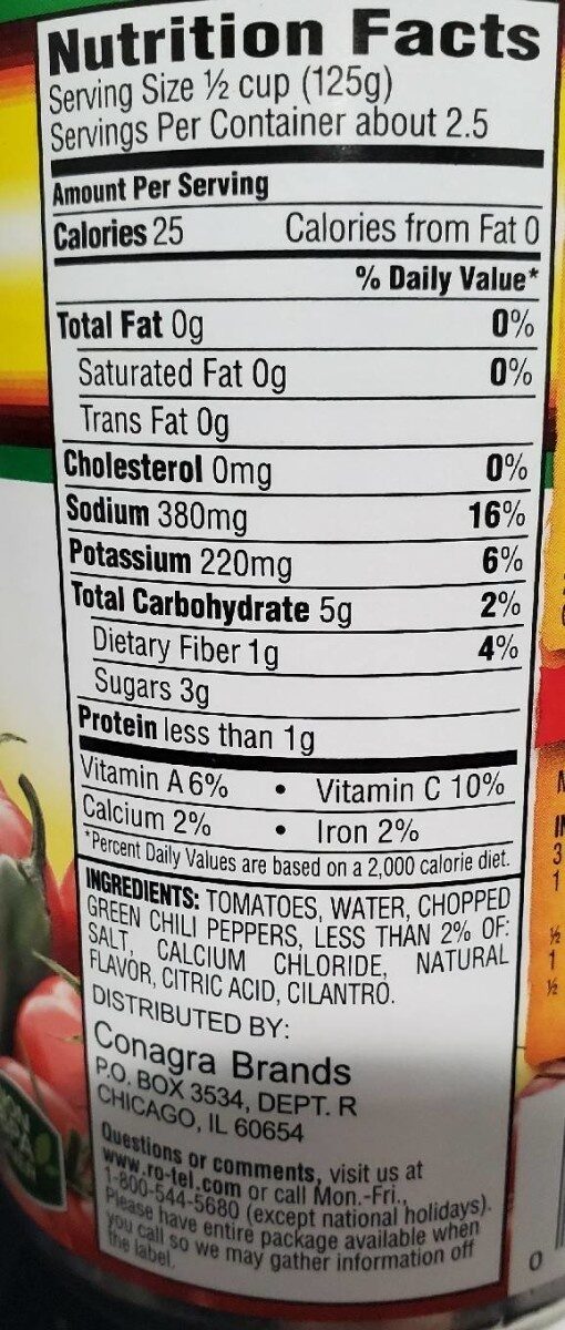Ro Tel Original Diced Tomatoes with Green Chilies - Nutrition facts