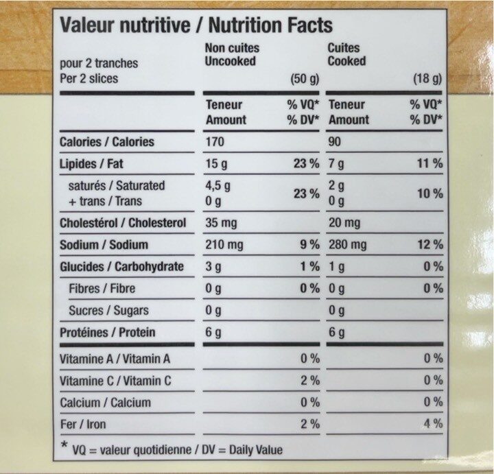 Bacon Naturel - Nutrition facts - fr
